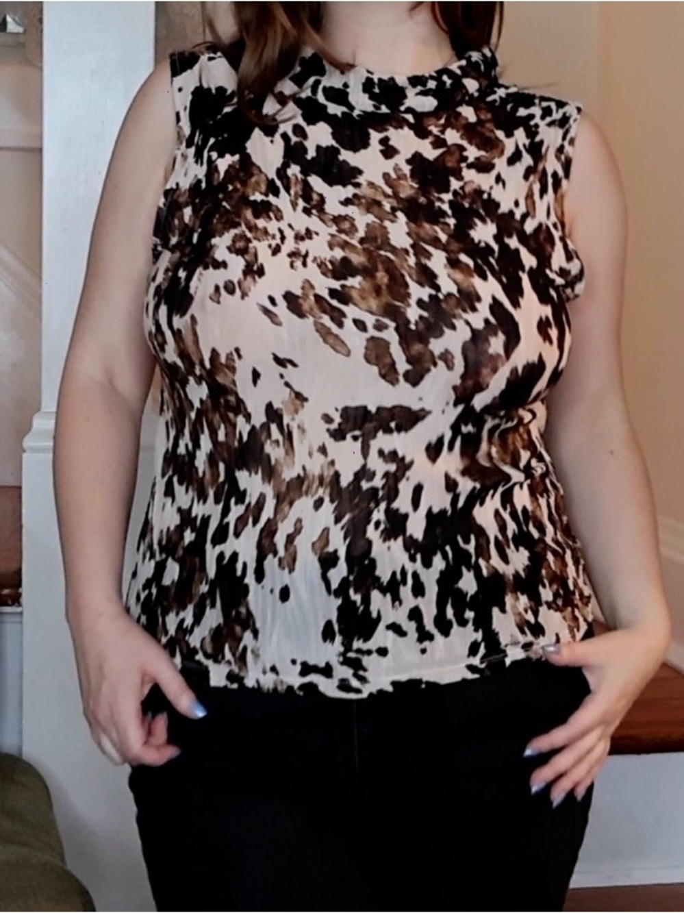 Bar III Brown and Black Sleeveless Animal-Print Shell Tank - Large